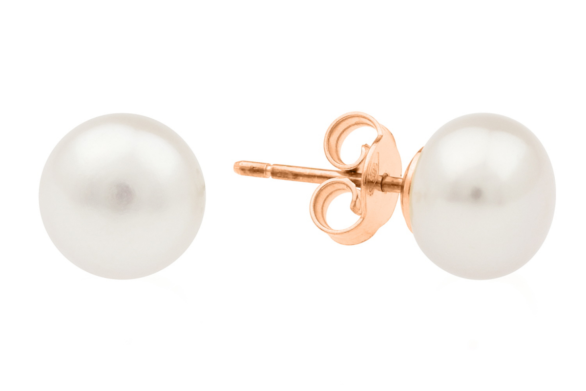 Gaura Pearls Perlenohrstecker - weiß, rund, 7 mm, 585 Roségold