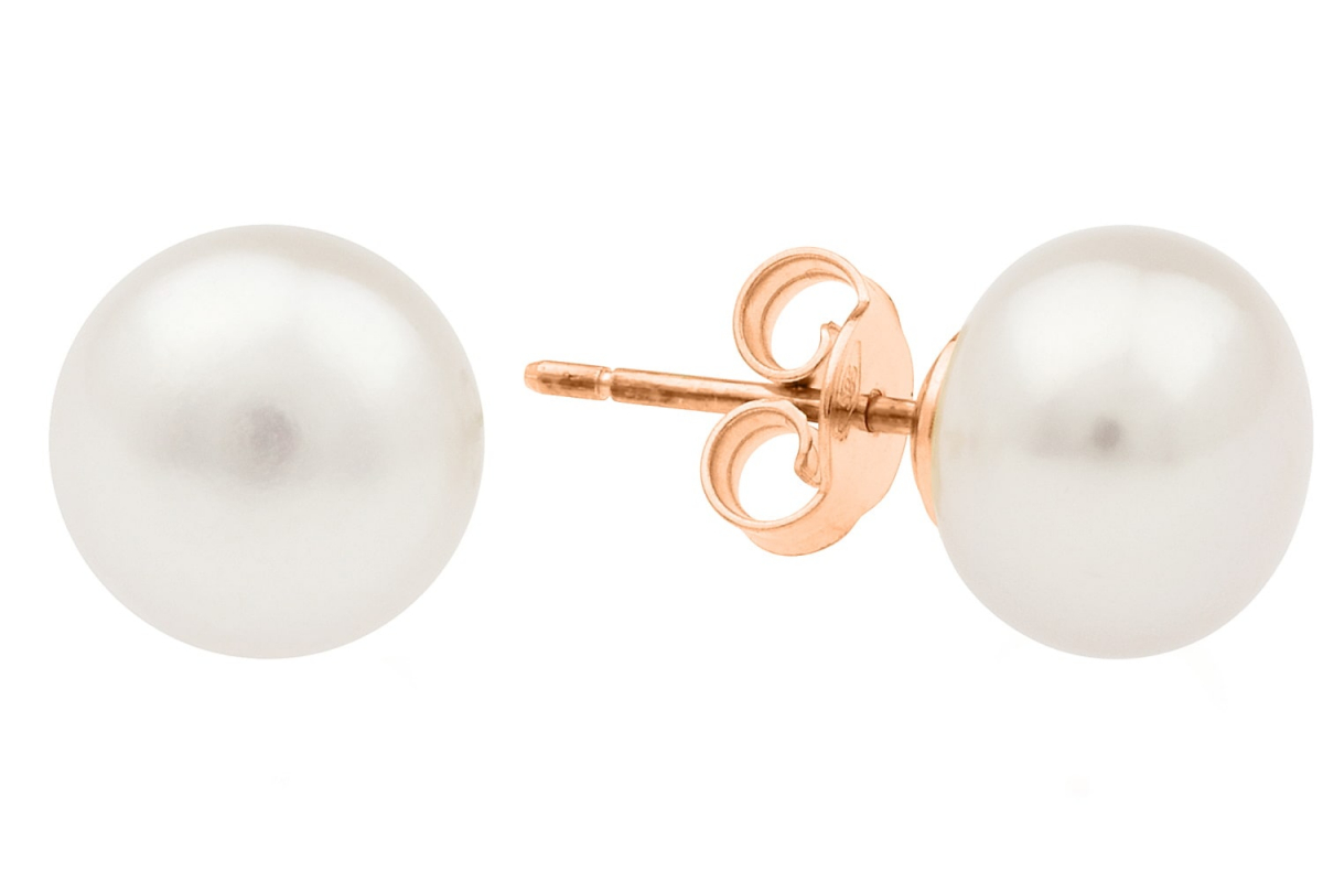 Gaura Pearls Perlenohrstecker - weiß, rund, 10 mm, 585 Roségold