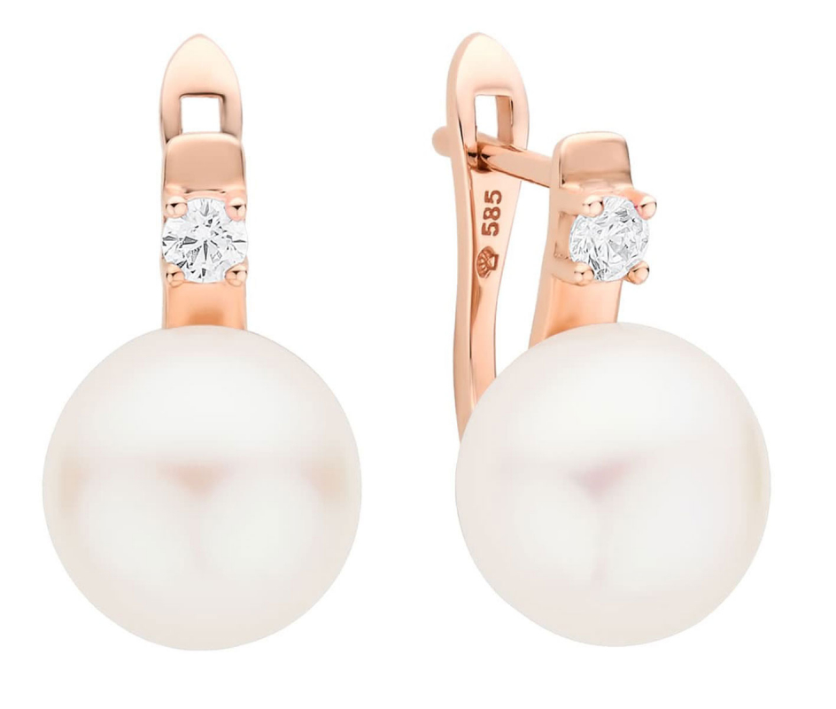 Gaura Pearls Perlenohrringe - weiß, Zirkonia, 9 mm, Klappverschluss, 585 Roségold