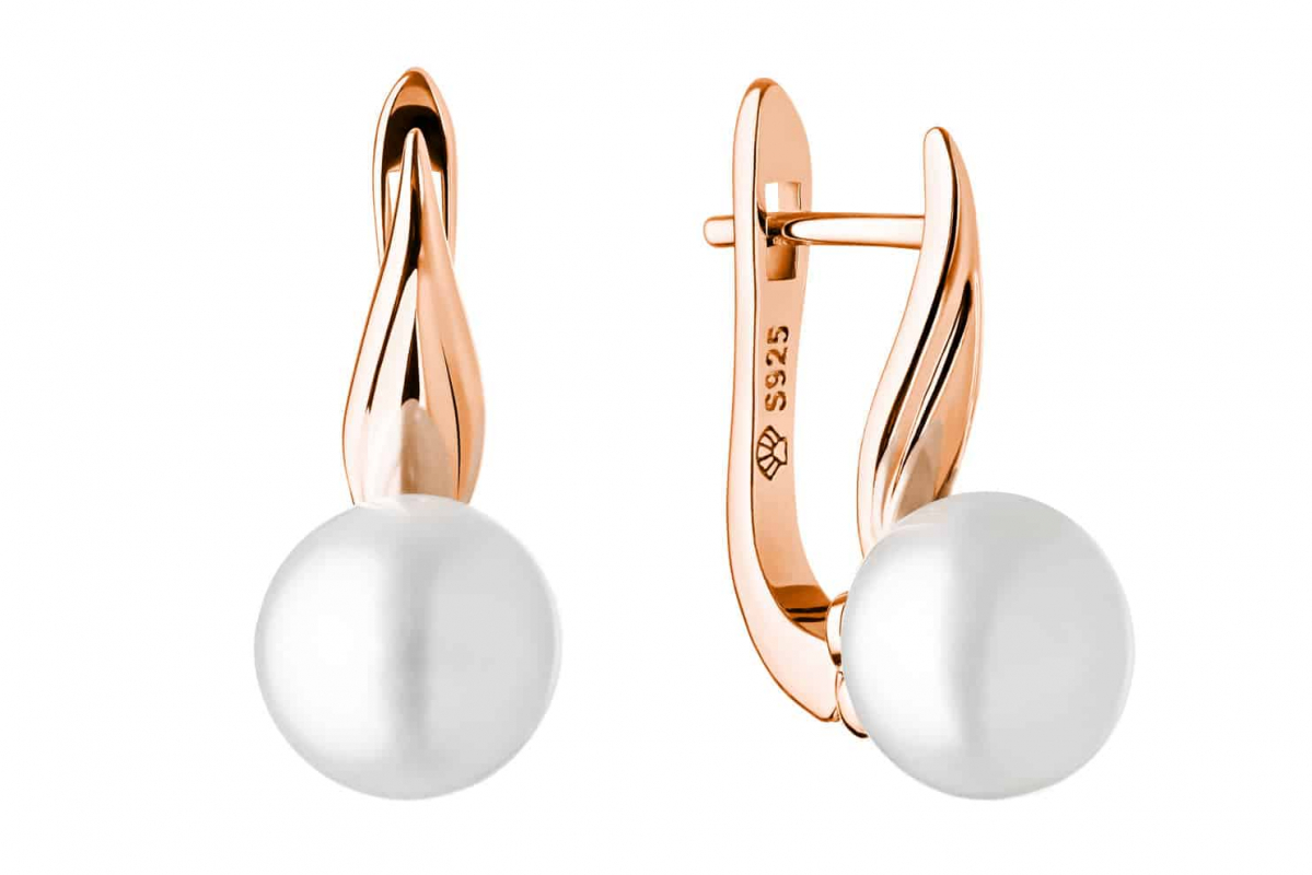 Eleganter Perlenohrring Roségold 585 plattiert (1 Mik) rund weiß 8-8.5 mm, Engl. Verschluss, Gaura Pearls, Estland