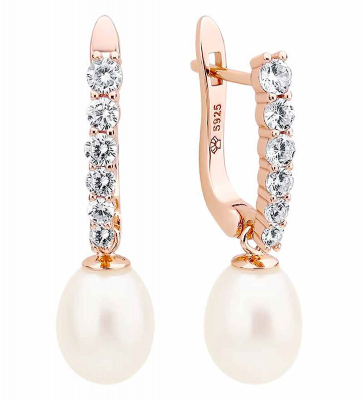 Gaura Pearls Perlenohrringe - weiß, reis, 8.5 mm, 6 Zirkonia, 585 Roségold