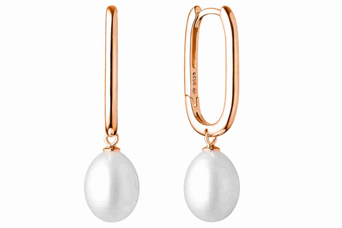 Gaura Pearls Perlenohrringe - weiß, reis, 585 Roségold plattiert