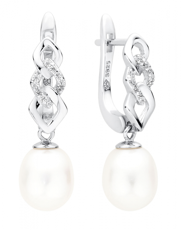 Eleganter Perlenohrring tropfen weiß reis 8-8.5 mm, Zirkonia, engl. Verschluss, 925er Silber, Gaura Pearls