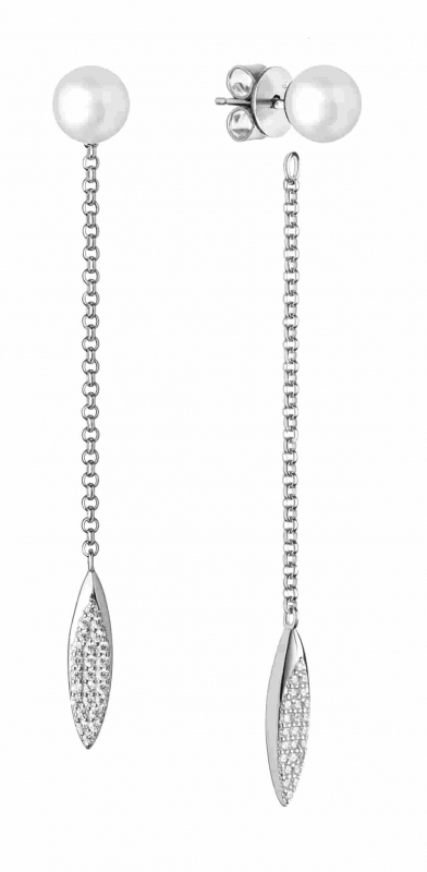 Eleganter Perlenohrstecker mit Kette hängend lang weiß button 7.5-8.5 mm, 925er Silber, Gaura Pearls, Estland