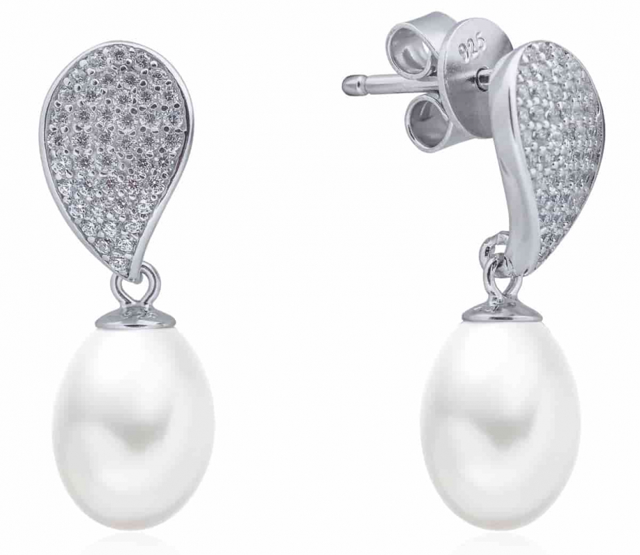 Gaura Pearls Perlenohrstecker - weiß, reis, Zirkonia, 925 Silber