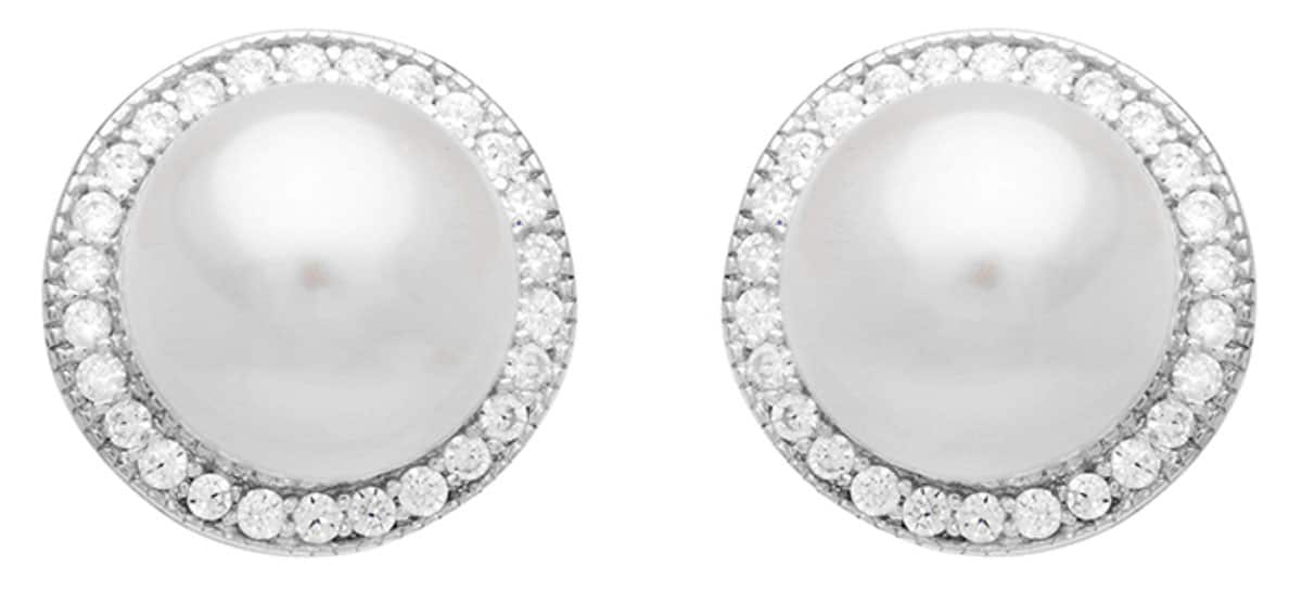 Gaura Pearls Perlenohrstecker - weiß, rund, Zirkonia, 925 Silber