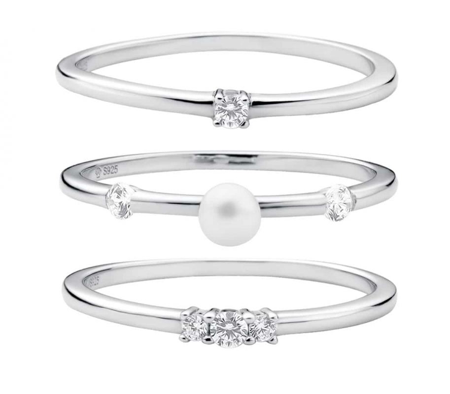 Gaura Pearls Perlenring - weiß, Zirkonia,3 Ringe kombinierbar, 925 Silber