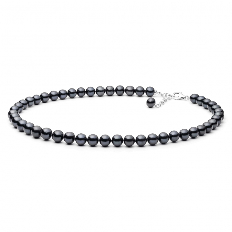 Gaura Pearls Perlenkette - schwarz, rund, 50 cm, 925 Silber