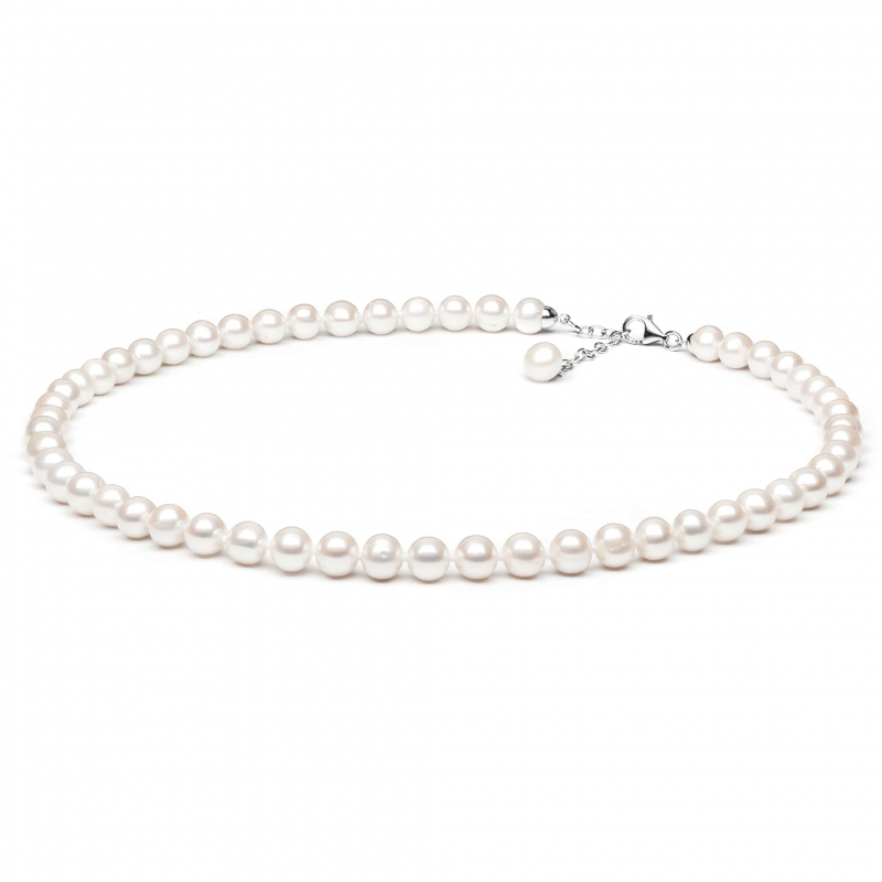 Gaura Pearls Perlenkette - weiß, rund, 8 mm, 45-48 cm, 925 Silber