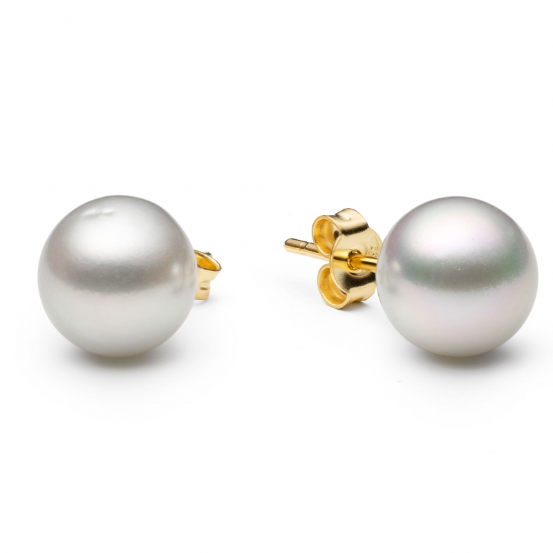 Gaura Pearls Perlenohrstecker - grau, rund, Akoya, 9 mm, 585 Gelbgold