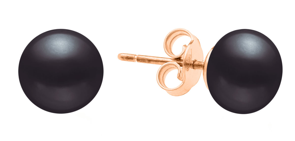 Gaura Pearls Perlenohrstecker - schwarz, rund, 8 mm, 585 Roségold