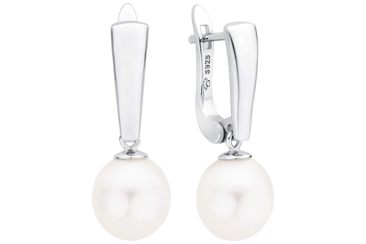 Moderner Perlenohrring weiß reis 9-9.5 mm, Englischer Verschluss, 925er rhod. Silber, Gaura Pearls, Estland