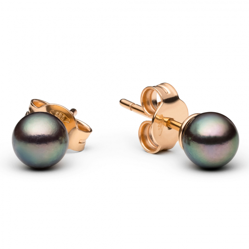Gaura Pearls Perlenohrstecker - schwarz, rund, Tahiti, 5-6 mm, 585 Rosegold