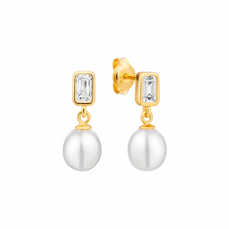 Gaura Pearls Perlenohrstecker - weiß, reis, 7-7.5 mm, Zirkonia, 585 Gelbgold plattiert