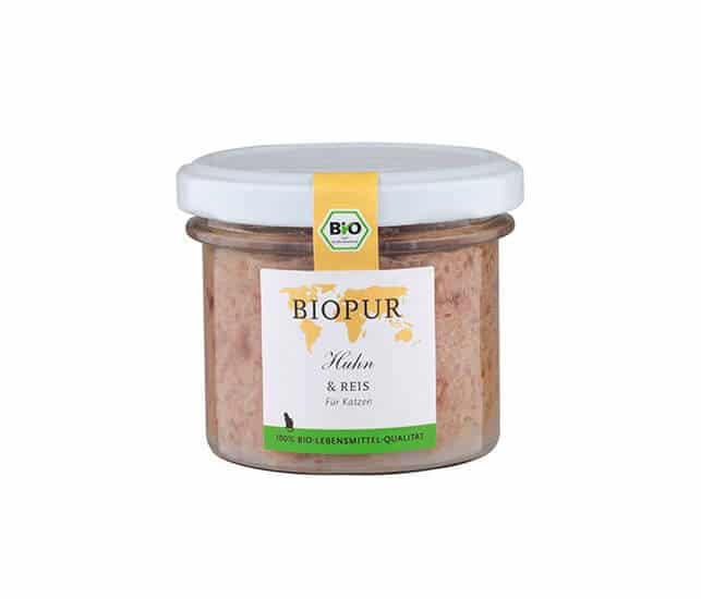 BIOPUR Nassfutter für Katzen Bio Huhn & Reis  im Glas - Sparpaket: 4 x 100g