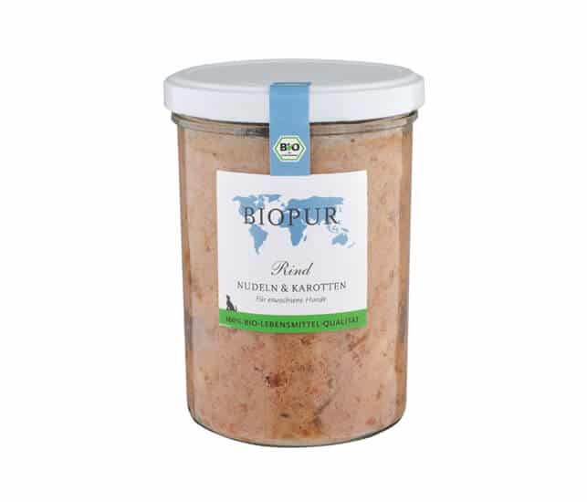 Biopur Nassfutter für Hund Bio Rind, Nudeln und Karotten im GLAS 370g