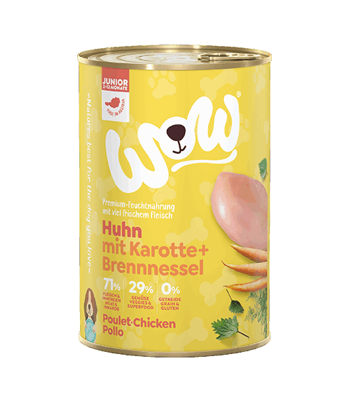 WOW Nassfutter für Hunde JUNIOR HUHN MIT KAROTTEN - 400g