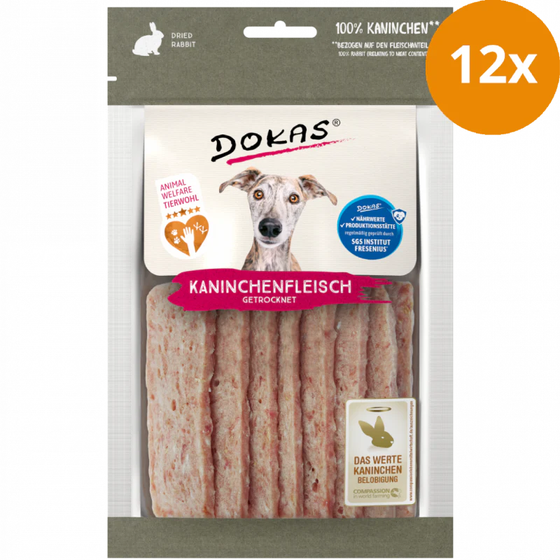 DOKAS Hundesnacks Fleisch getrocknet 12 x 70g - Kaninchen , Sparpaket: 12 x 70 g
