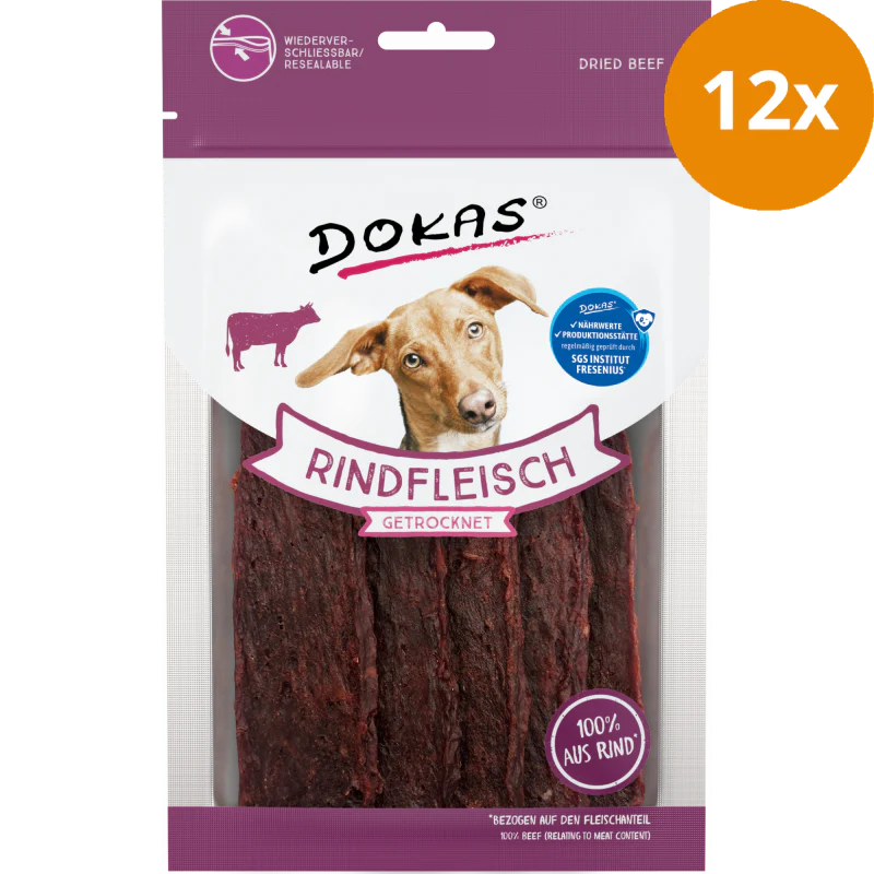 DOKAS Hundesnacks Fleisch getrocknet 12 x 70g - Rind , Sparpaket: 12 x 70 g