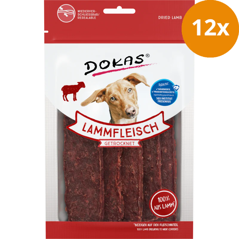 DOKAS Hundesnacks Fleisch getrocknet 12 x 70g - Lamm , Sparpaket: 12 x 70 g