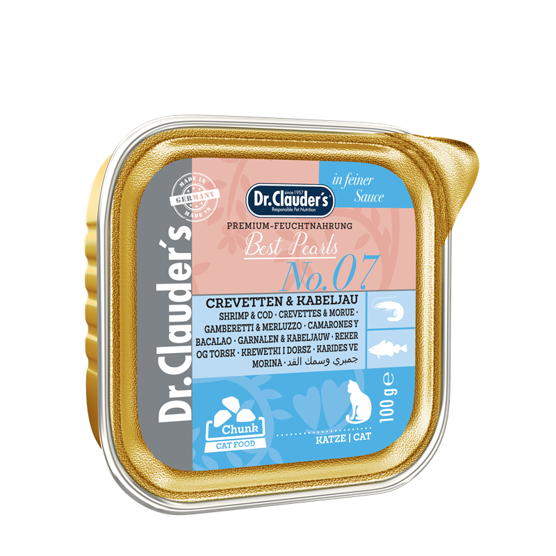 Dr Clauder Premium Nassfutter für Katzen für kleine Feinschmecker 32 x 100g - Sparpaket: 32 x 100g , Crevetten & Kabeljau