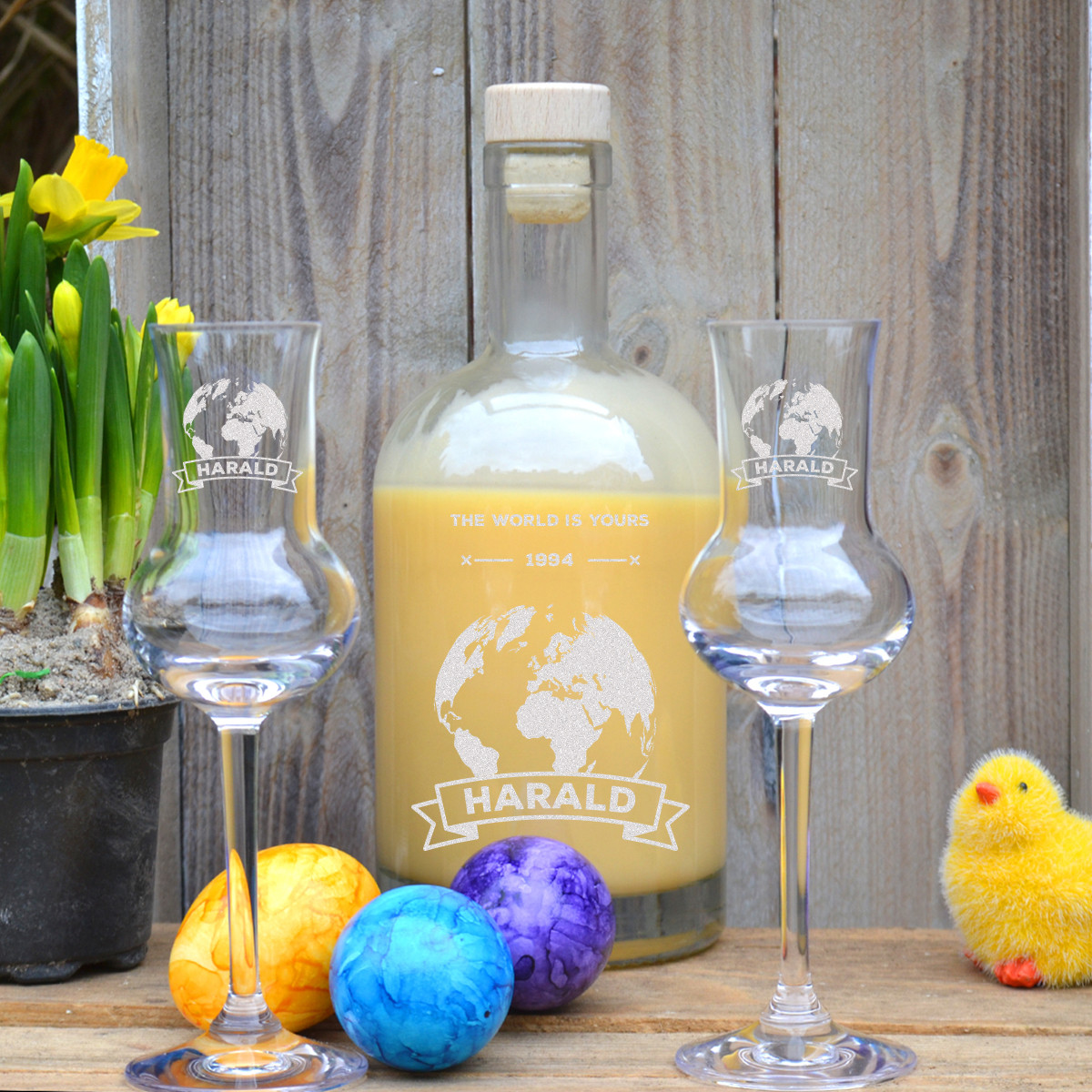 3-tlg. Lik?r Geschenkset Flasche 2x Gl?ser mit Wunschgravur