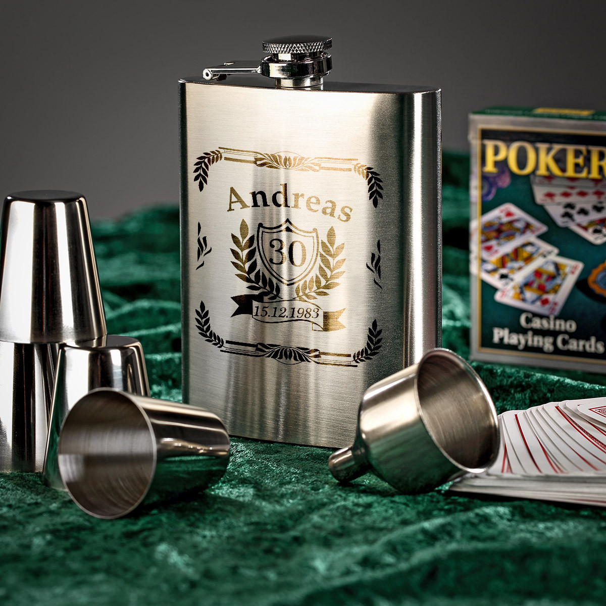 7-tlg. Edelstahl Flachmann Set mit Gravur