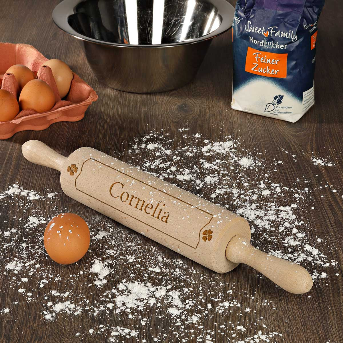 Teigrolle Nudelholz aus Buchenholz mit Gravur