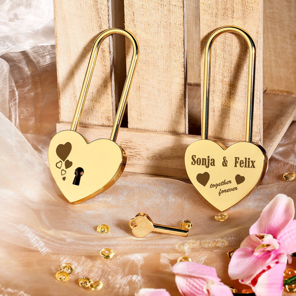 Herz Liebesschloss GOLD mit 2 Seitige Gravur