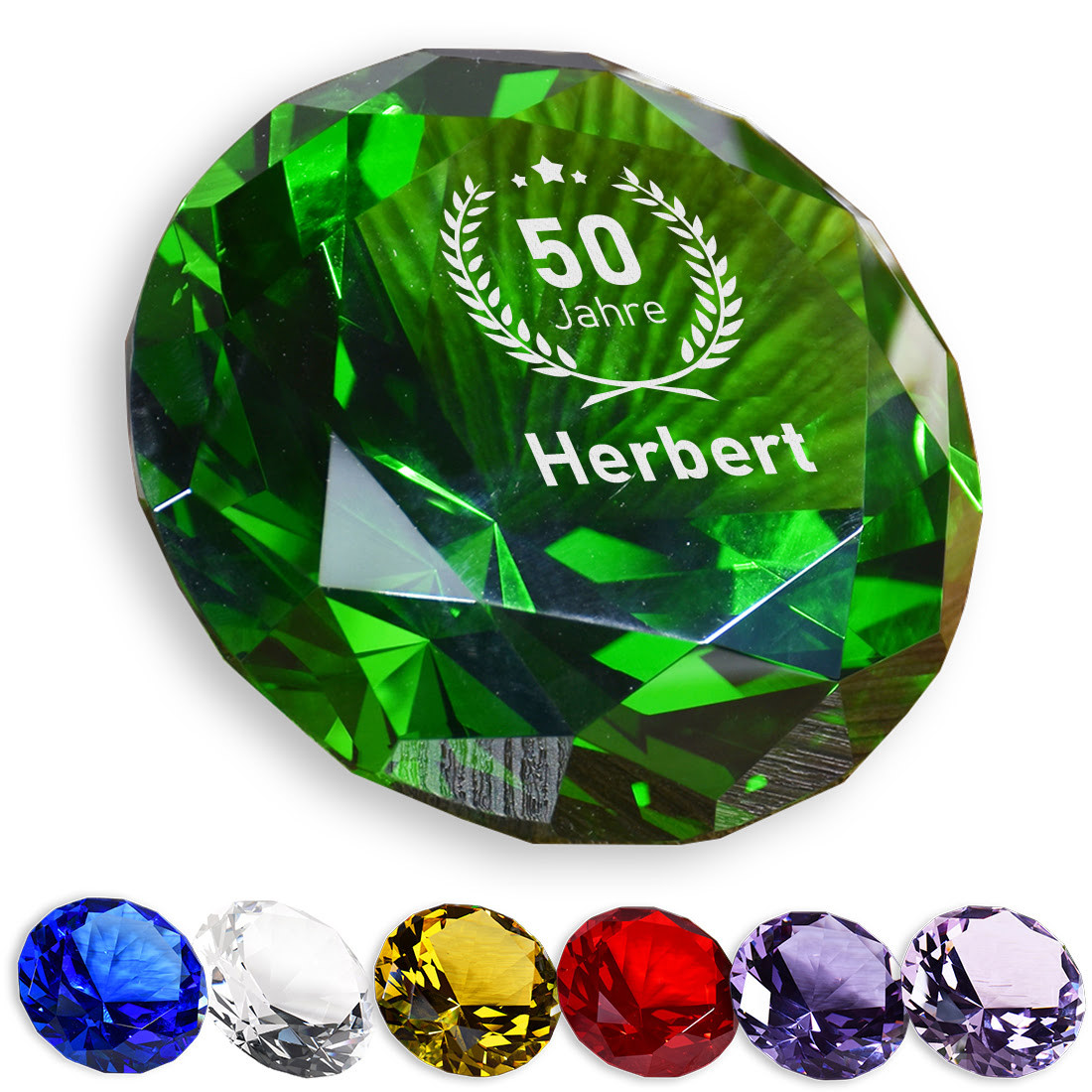 Deko Glas Diamant farbig mit personalisierter Wunschgravur zum Jubil?um