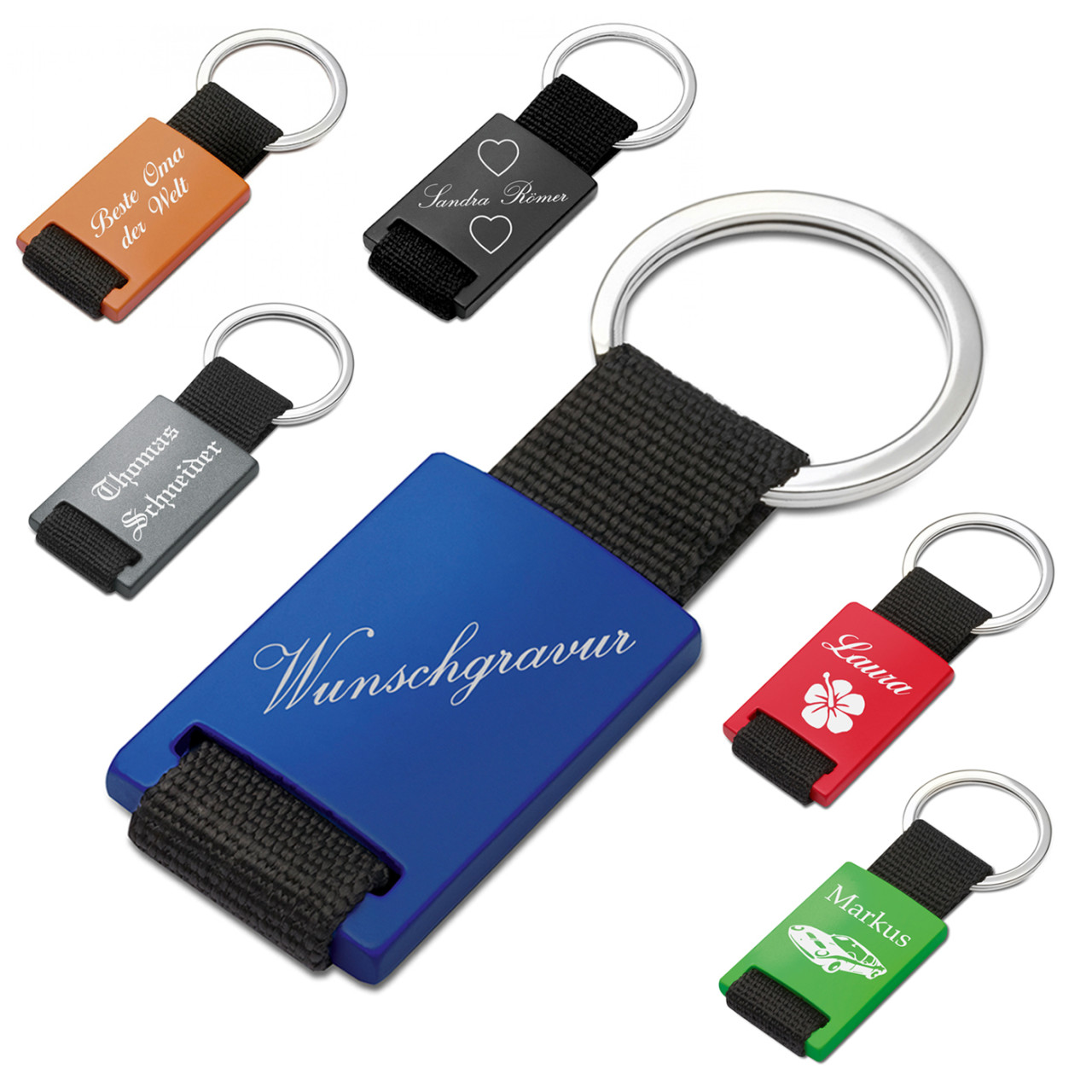 Schl?sselanh?ngern aus Aluminium und Polyester inkl. Gravur