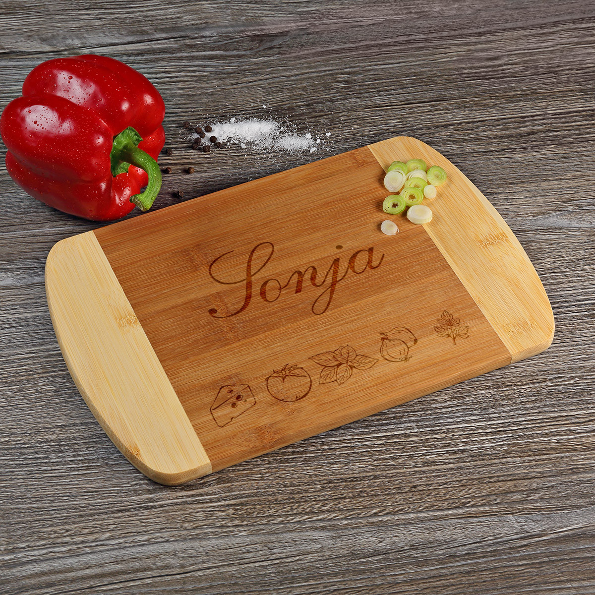 Schneidebrett Bamboo zweifarbig mit Gravur