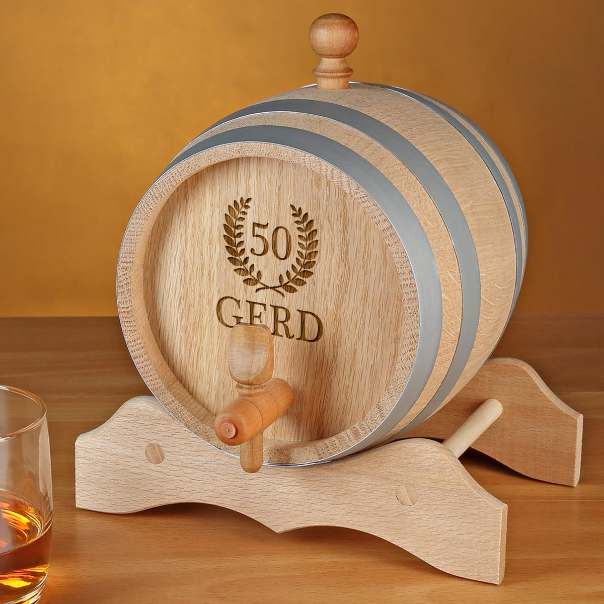 Holzfass mit Gravur Motiv Jubil?umskranz