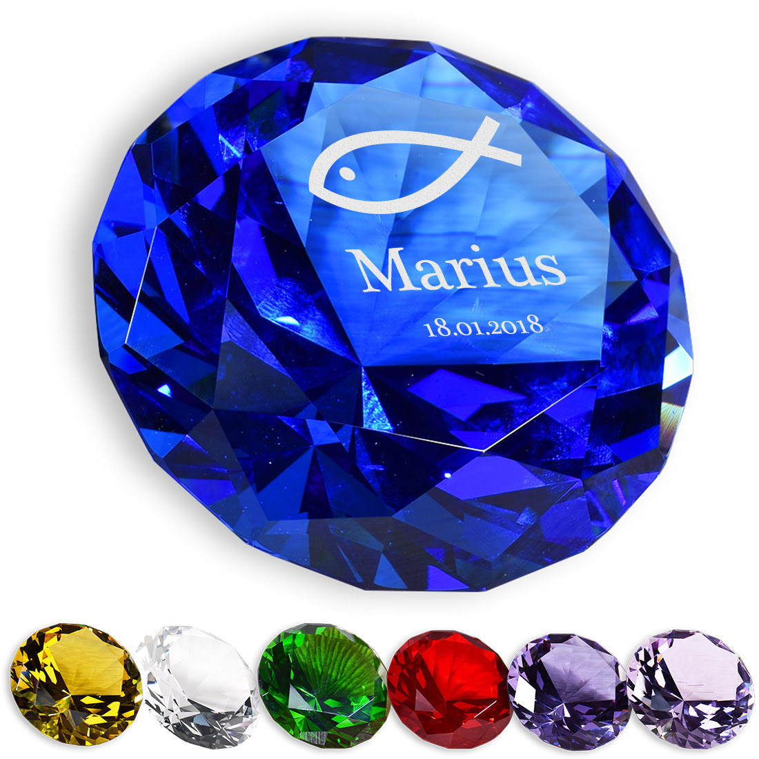 Deko Glas Diamant farbig mit personalisierter Wunschgravur zur Taufe