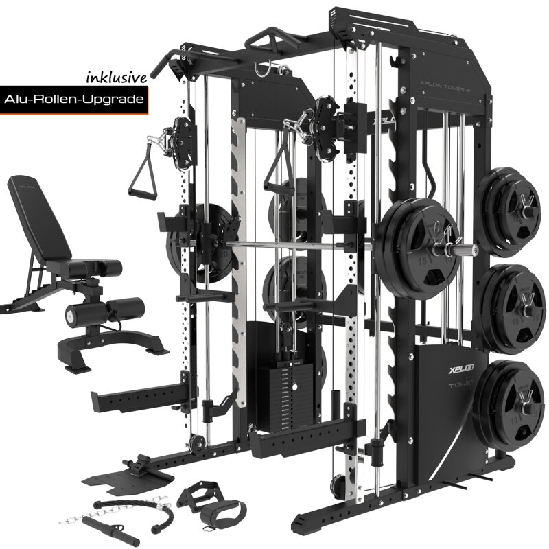 XPLON Tower6 Kraftstation Multipresse Klimmzugstation inkl. 180kg Steckgewichte Ø30mm / 50mm | Übersetzungsverhältnis 2:1 & 1:1 + Hantelbank Set