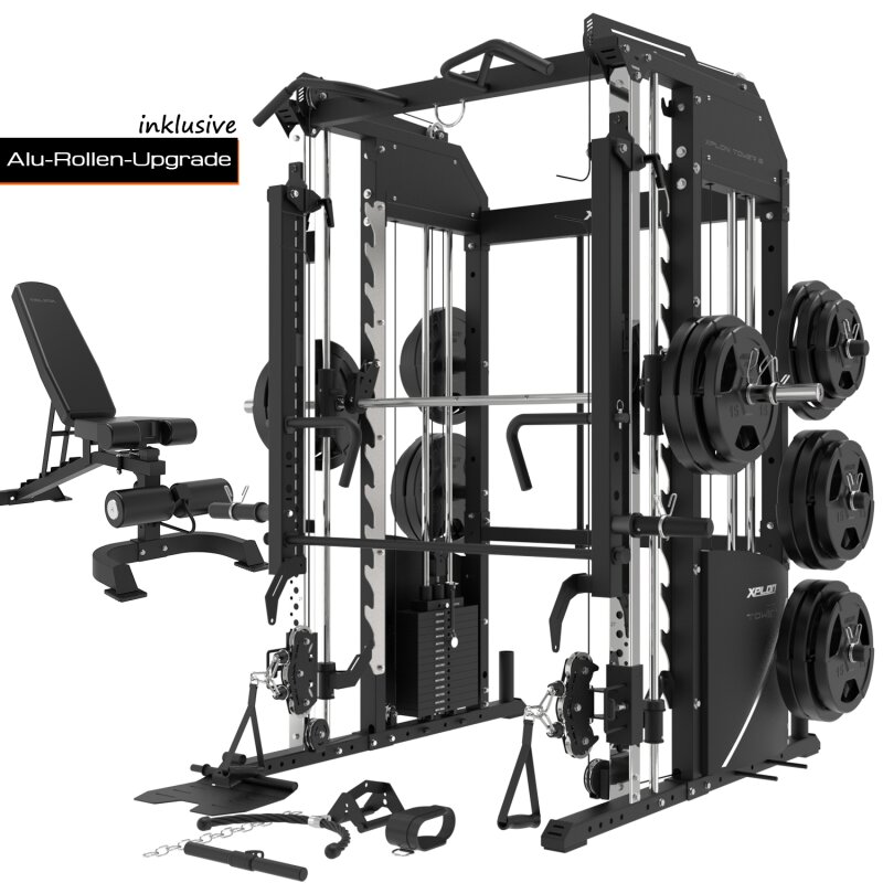 XPLON Tower6 Kraftstation Multipresse Klimmzugstation inkl. 180kg Steckgewichte Ø30mm / 50mm | Übersetzungsverhältnis 2:1 & 1:1 + Jammer Arms + Hantelbank Set