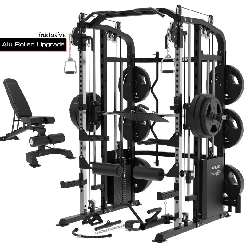 XPLON Tower5 Kraftstation Multipresse Klimmzugstation inkl. 216kg Steckgewichte Ø50mm Tower5 + Hantelbank Set