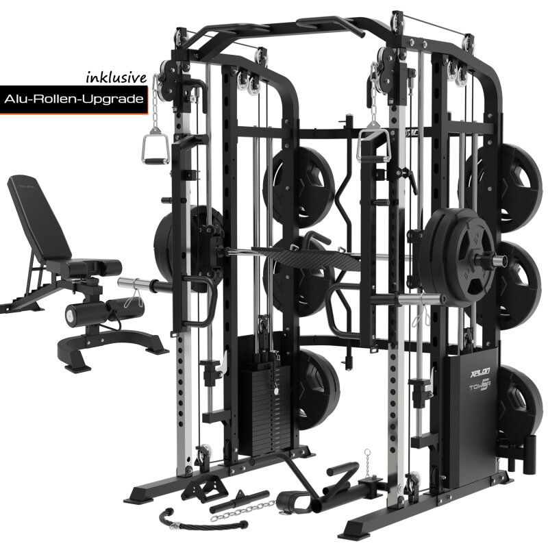 XPLON Tower5 Kraftstation Multipresse Klimmzugstation inkl. 216kg Steckgewichte Ø50mm Tower5 + Jammer Arms + Hantelbank Set