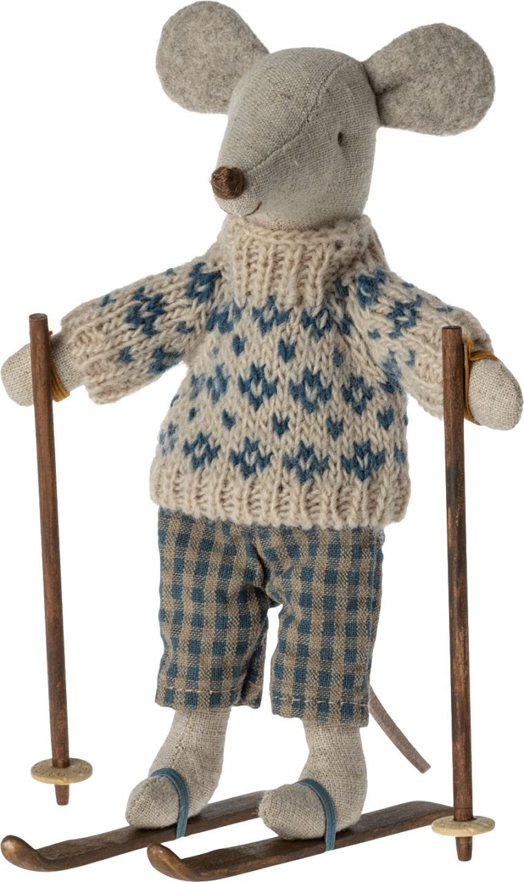 Maileg Maus Winter Papa mit Ski Höhe 15 cm beige, blau, grau, braun''