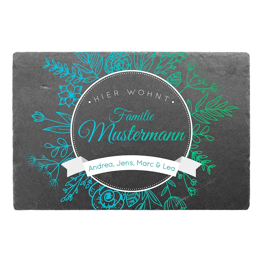 Türschild mit Namen und Blumen auf Schiefer Größe: 30 x 20 cm
