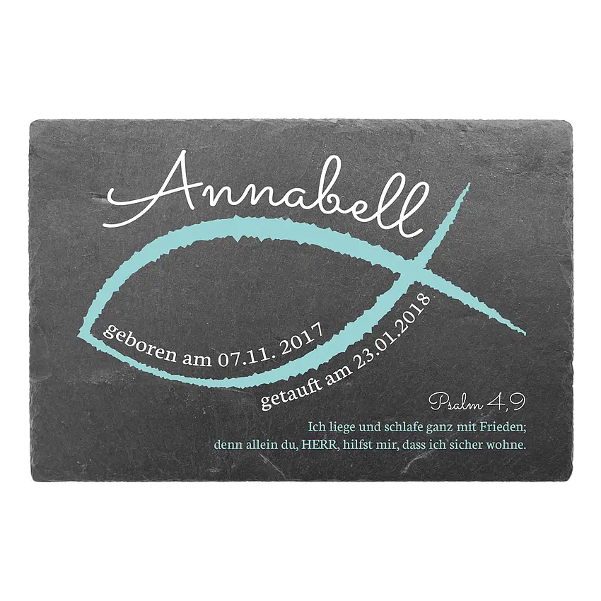 Geschenk zur Taufe aus Schiefer mit Name, Datum und Taufspruch Größe: 30 x 20 cm