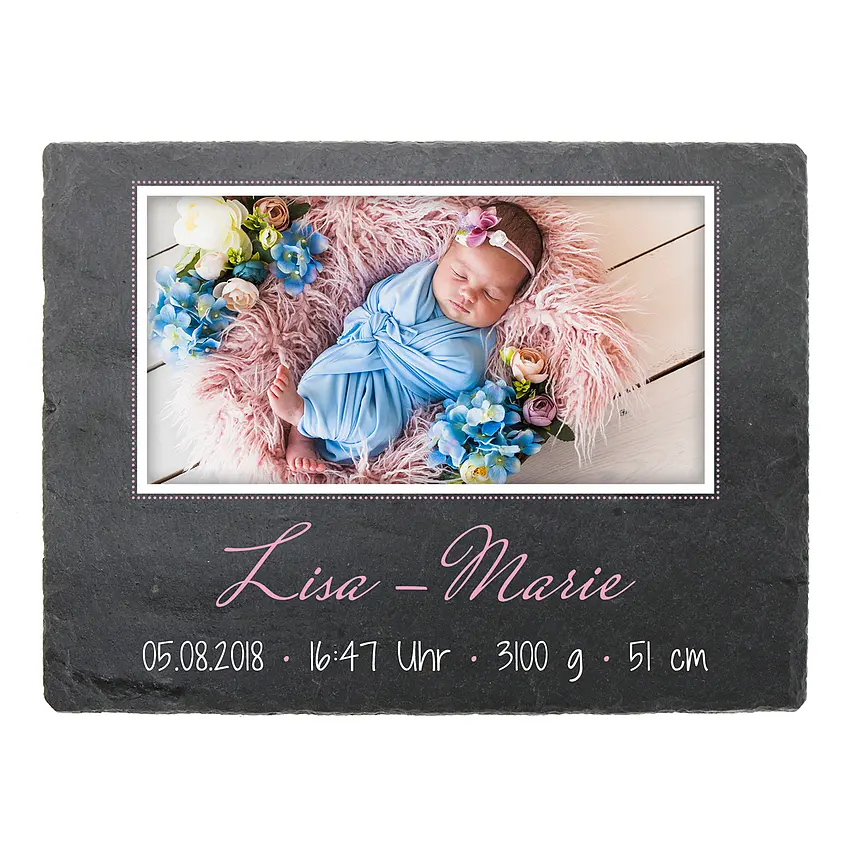 Schild zur Geburt mit Foto & Geburtsdaten - 20 x 15 cm - Design Mädchen
