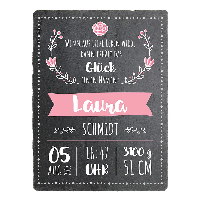 Schild zur Geburt eines Babys mit Geburtsdaten - 15 x 20 cm - Design Mädchen