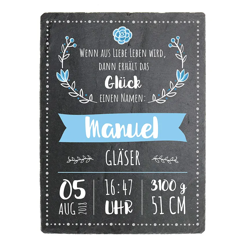 Schild zur Geburt eines Babys mit Geburtsdaten - 15 x 20 cm - Design Junge