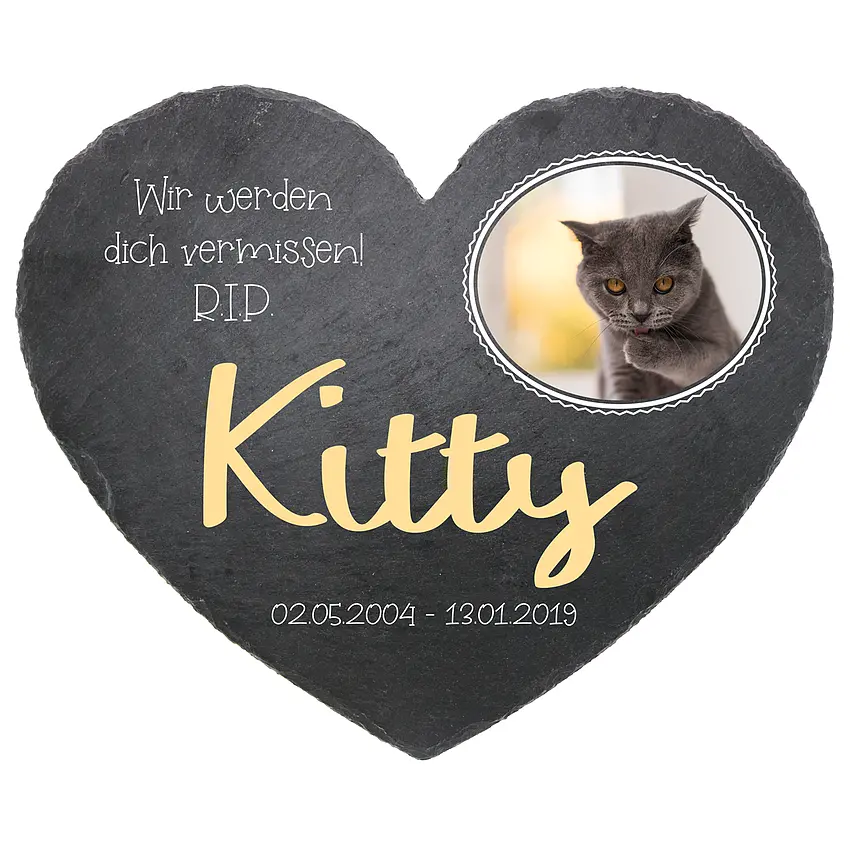 Gedenktafel Schieferherz mit Foto und Namen - 24 cm Motiv Katze