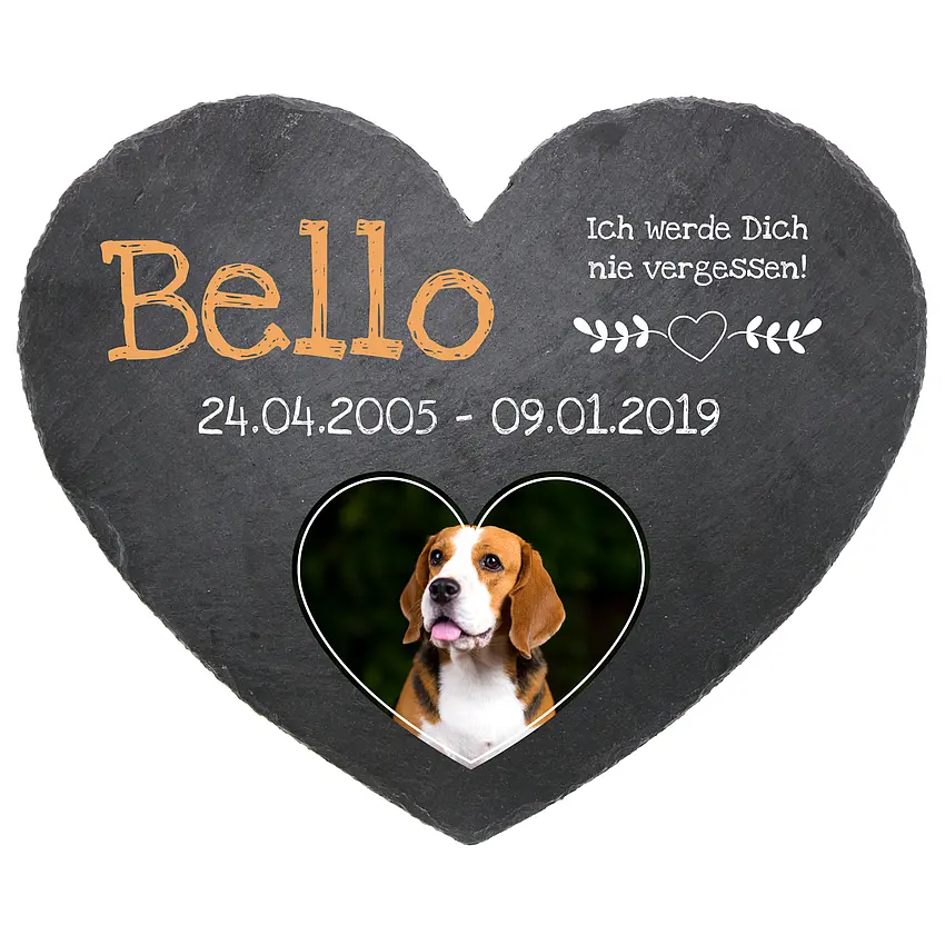 Gedenktafel Schieferherz mit Foto und Namen - 24 cm Motiv Hund