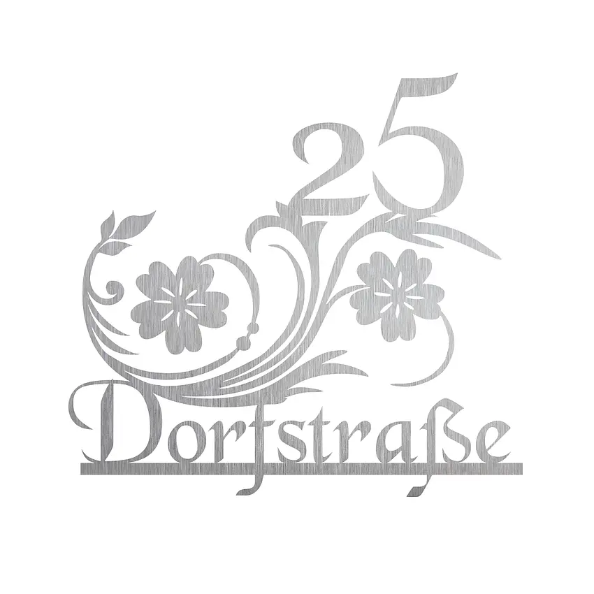 Elegante Edelstahlhausnummer mit Straßennamen - Design Blumen