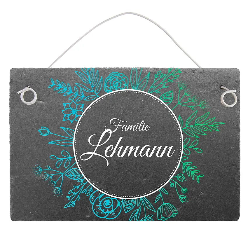 Farbenfrohes Schieferschild mit Blumen und Familiennamen Größe: 15 x 10 cm