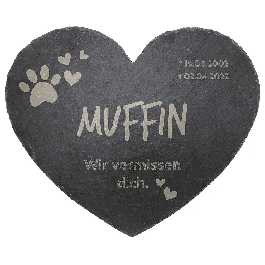 Grabplatte für das Haustier - Schieferherz mit Gravur Pfote