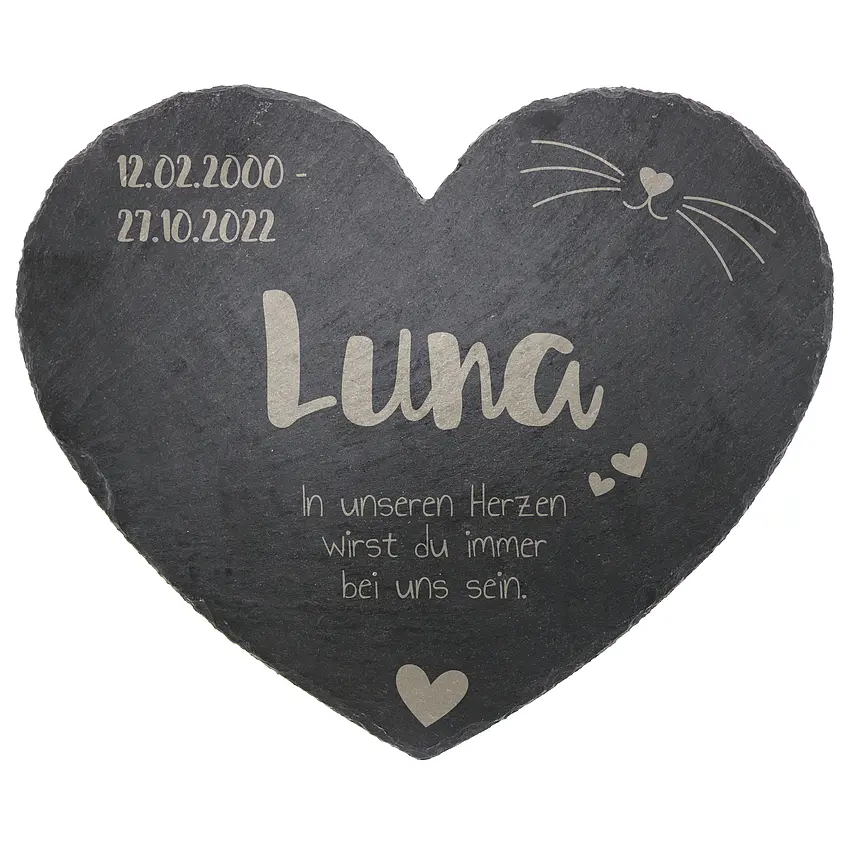 Grabplatte für das Haustier - Schieferherz mit Gravur Schnurrhaar